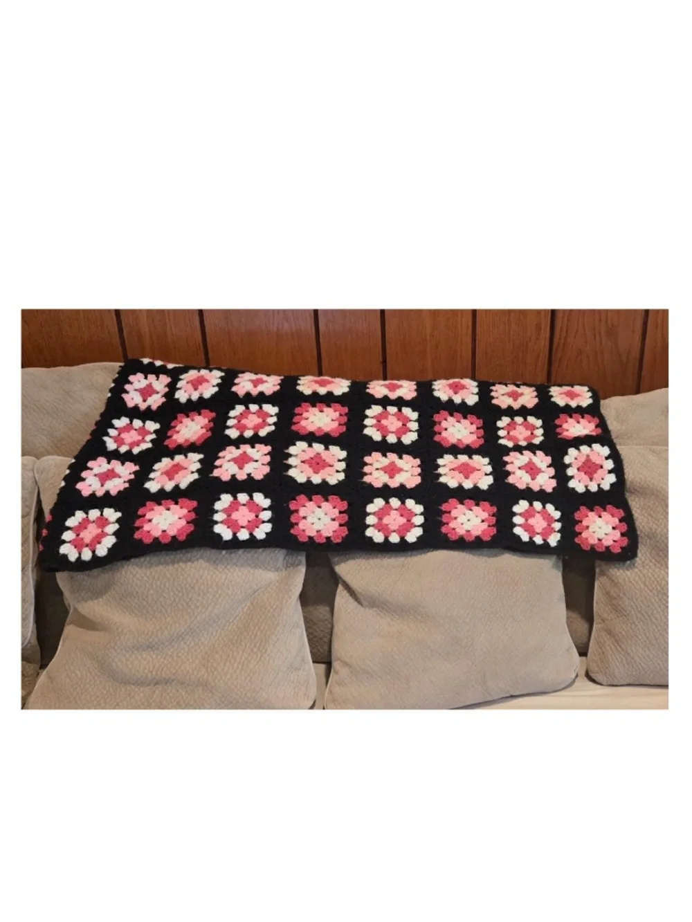 Vintage 80s Blanket Queen Hand Crocheted Black Pink White Granny Square Home VTG